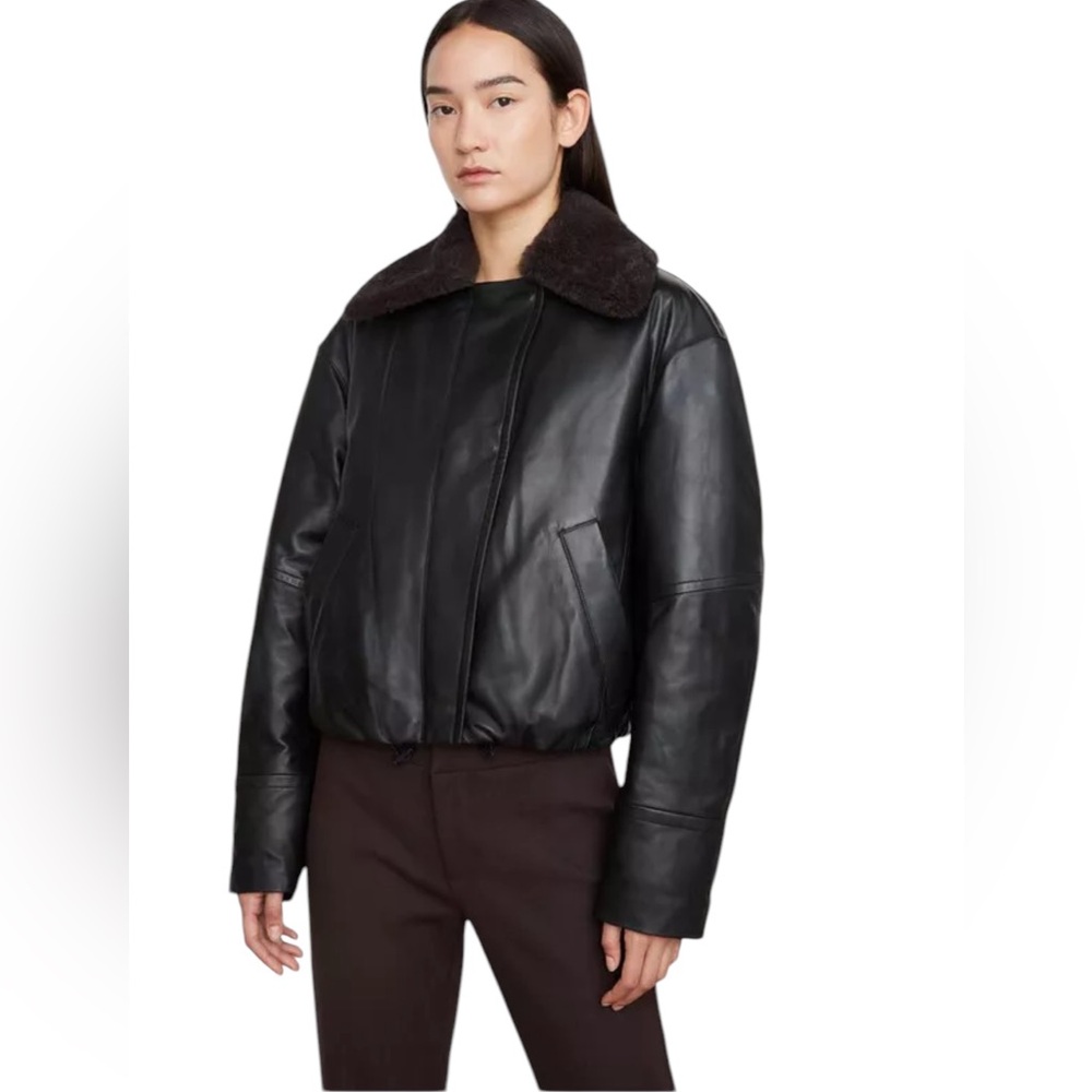 Vince Shearling Collar Leather Puffer Jacket in Black | Size XS | NWT